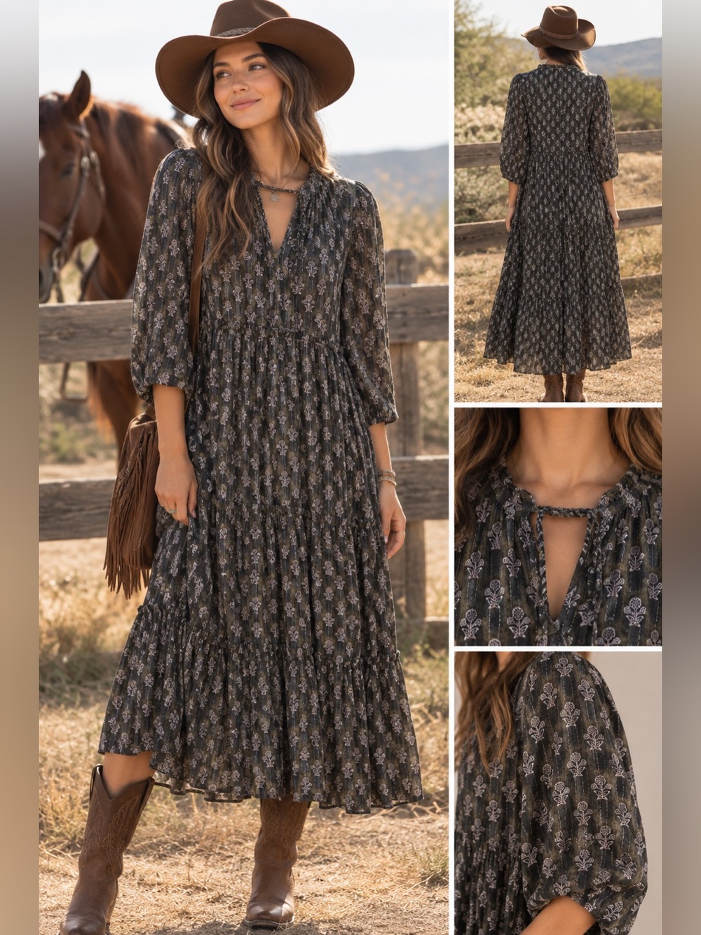 Natural Life Boho Western Floral Maxi Dress L Black Metallic Tiered